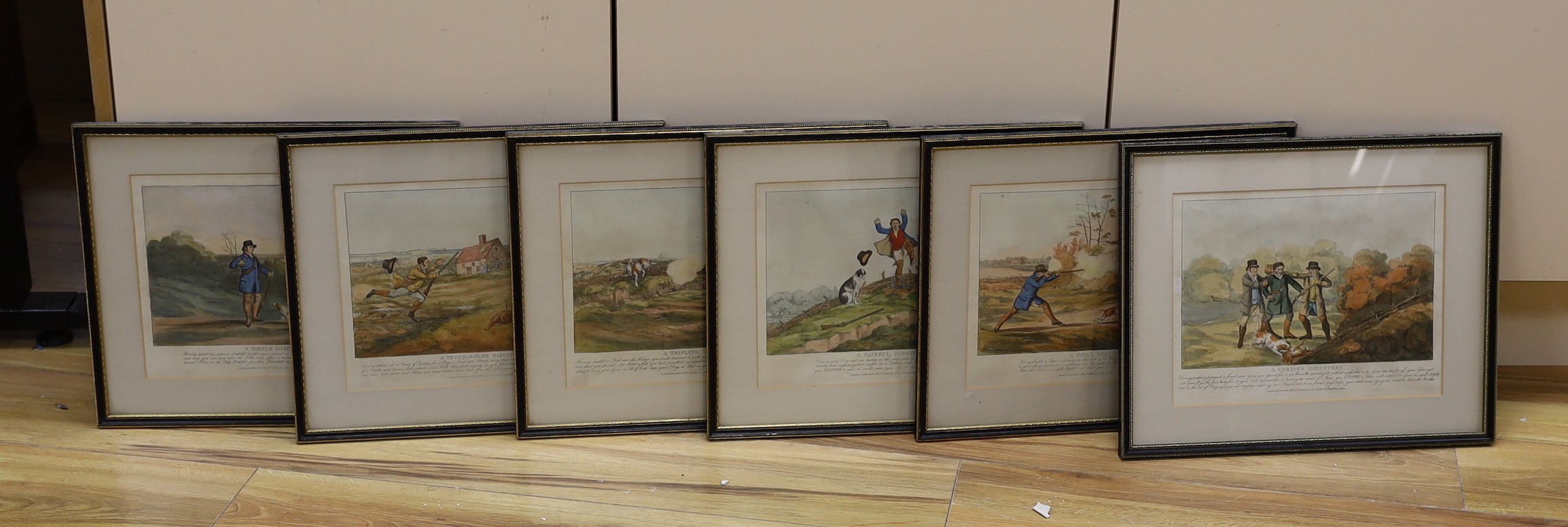 S & J Fuller Publ. 1816, a set of six coloured engravings, 'A Curious Discovery' and other shooting incidents, 21 x 28cm